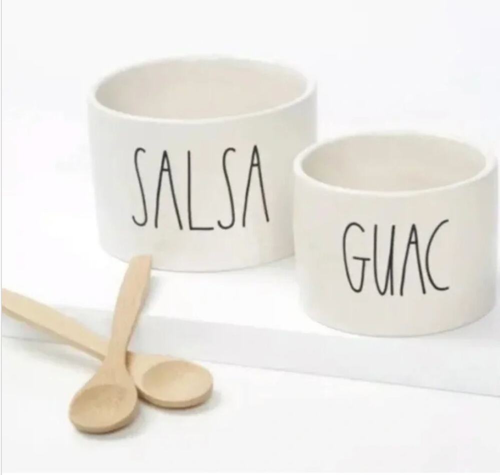 NIB Rae Dunn Artisan Collection Guac & Salsa Bowl Set with Bamboo Spoons